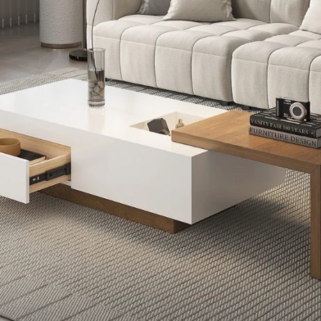 Contemporary Coffee Table with Storage – White & Wood Finish